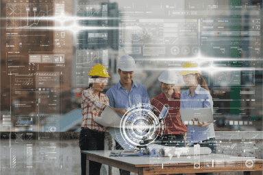 Hommes et femme sur table de chantier avec filtre de vue de tableaux de bord