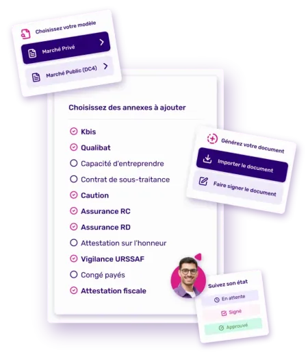 Interface de gestion d’une demande d’agrément BTP avec sélection des documents à joindre