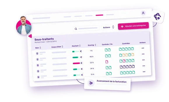 Interface de gestion de chantier BTP pour le suivi des sous-traitants, contrats, contrôles et facturation